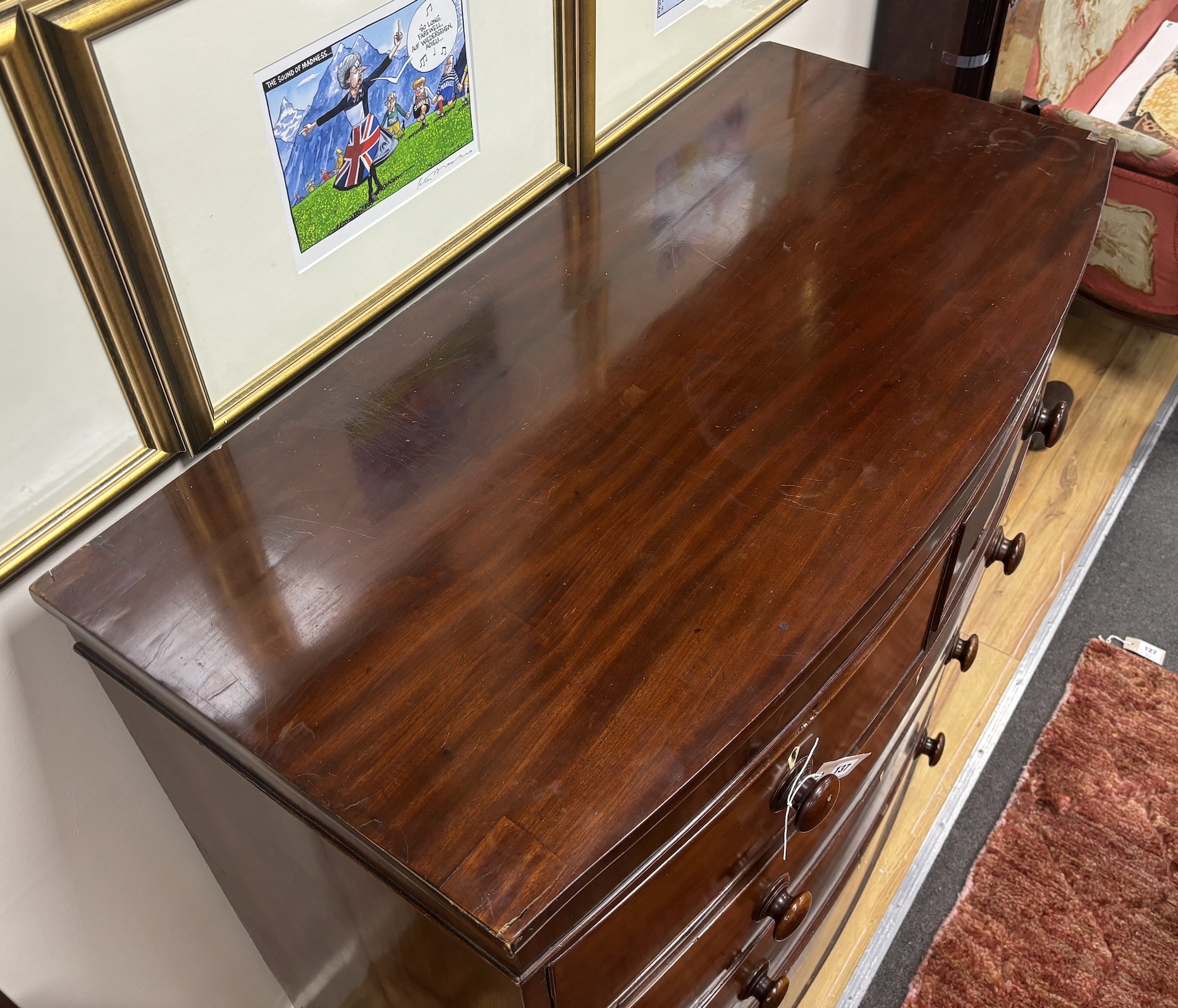 An early 19th century mahogany bowfront chest of drawers, with bone escutcheons, width 114cm, depth 55cm, height 107cm